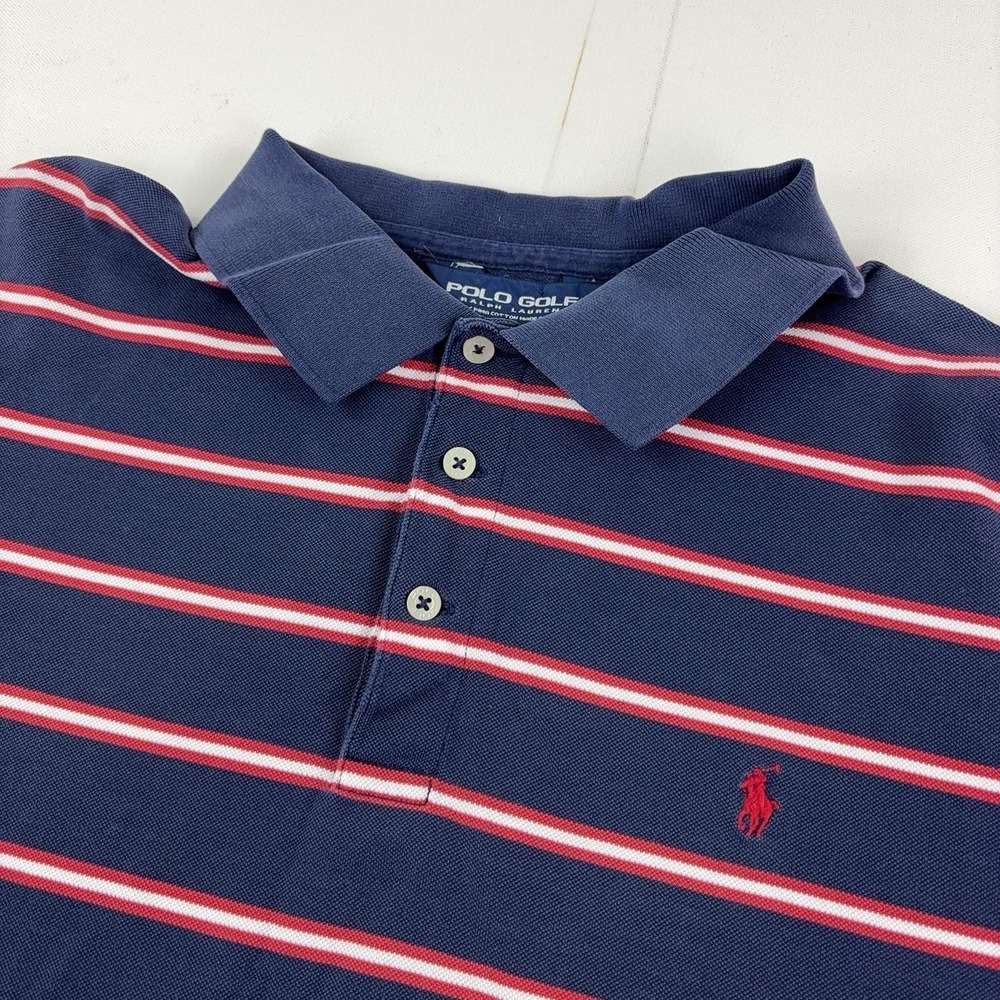 Vintage Golf Ralph Lauren Polo Mens XL Blue Striped Naples Beach Short Sleeve